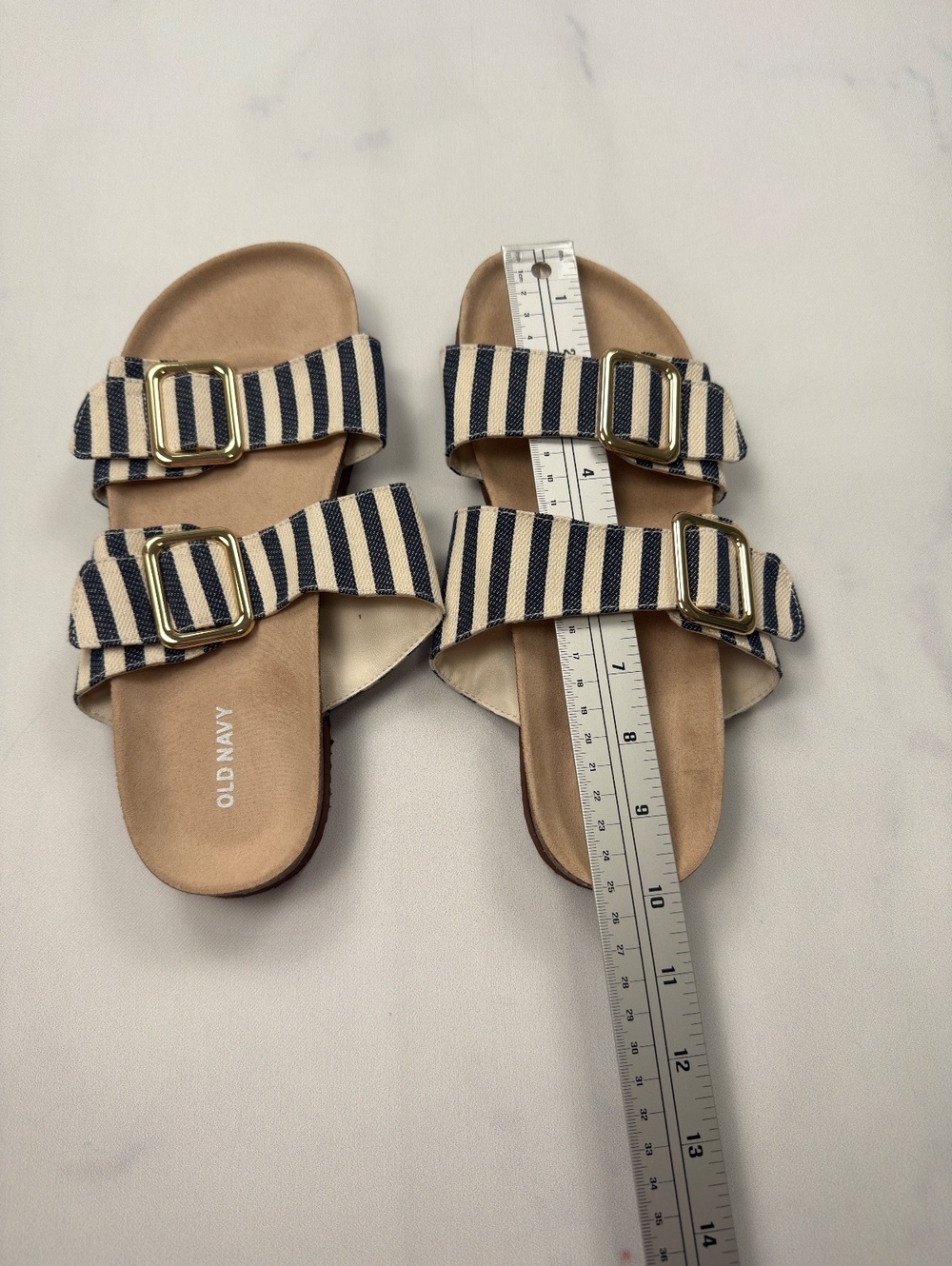 Old Navy Striped Slide Sandals Tan Navy 2010s Classic - Womens